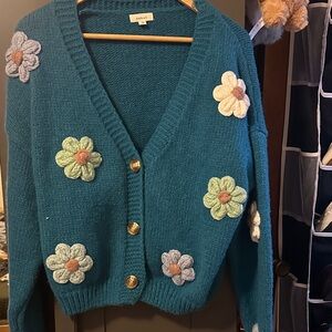 Debut Blue Cardigan with Floral Accents